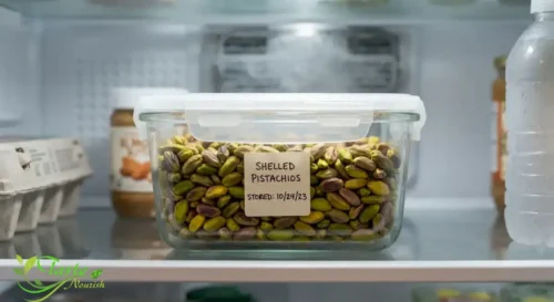 Shelled pistachios stored in a glass airtight container in the refrigerator
