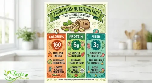 Nutrition facts infographic showing calories, protein, and fiber in a 1-ounce serving of pistachios