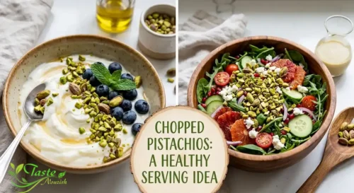 Chopped pistachios sprinkled over yogurt and salad as a healthy serving idea