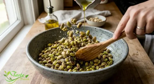 Pistachios being tossed with olive oil and sea salt