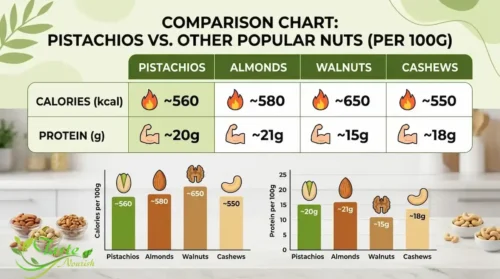 pistachios versus almonds walnuts and cashews for calories and protein