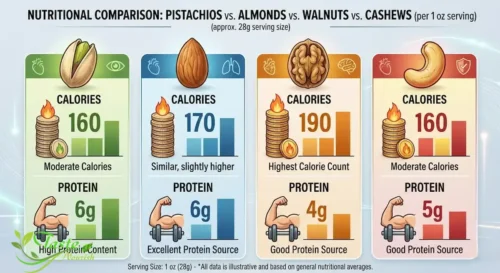 Comparison of pistachios, almonds, walnuts, and cashews by calories and protein