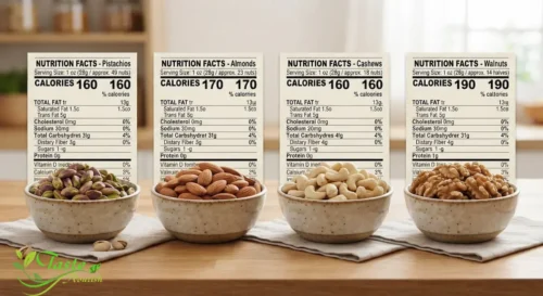 pistachios, almonds, cashews, and walnuts by calories