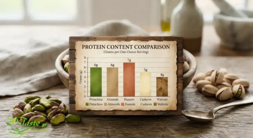 protein per ounce in pistachios, almonds, peanuts, cashews, and walnuts