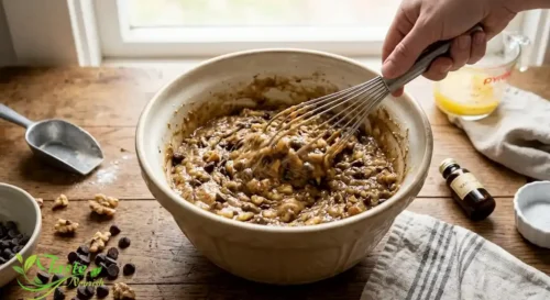 Chocolate chip banana bread batter being mixed