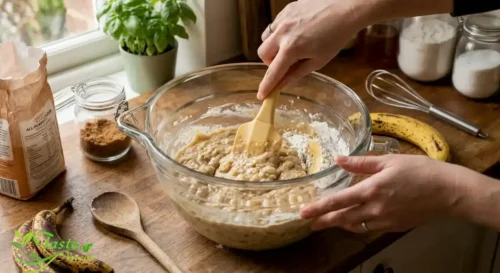 Banana bread batter being folded by hand in a glass mixing bowl
