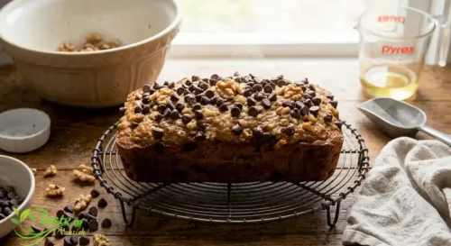 chocolate chip banana bread cooling on a wire rack