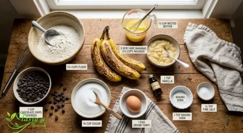 Ingredients for chocolate chip banana bread recipe including ripe bananas, flour, and chocolate chips