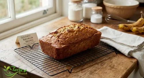 banana bread recipe loaf cooling on a wire rack