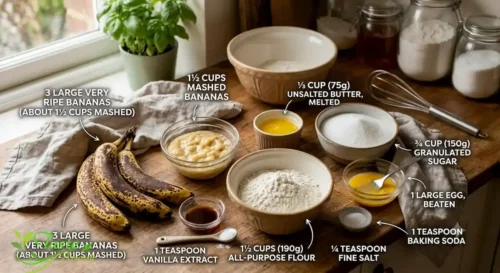 Ingredients for an easy moist banana bread recipe arranged on a counter