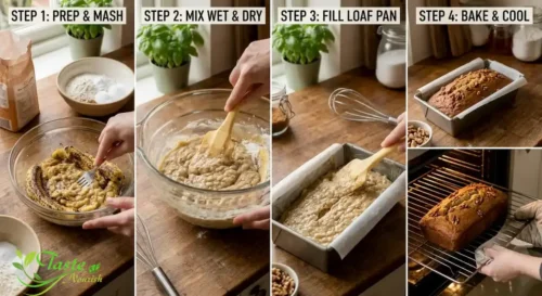 Four-step collage showing how to make classic banana bread from scratch