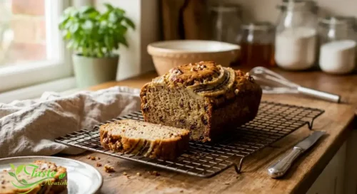Sliced banana bread recipe loaf showing a moist, tender crumb