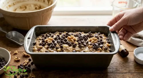 Banana bread batter in a loaf pan topped with chocolate chips before baking