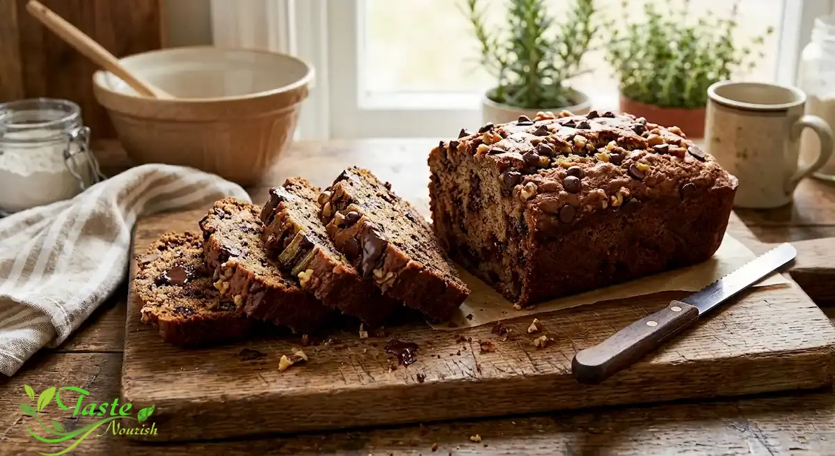 Chocolate Chip Banana Bread Recipe: Moist, Easy, and Foolproof Sliced chocolate chip banana bread loaf on a wooden cutting board