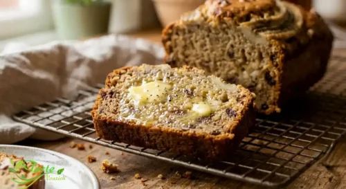 moist banana bread slice topped with melted butter