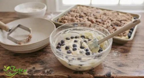 Blueberry coffee cake batter in a mixing bowl with fresh blueberries folded in