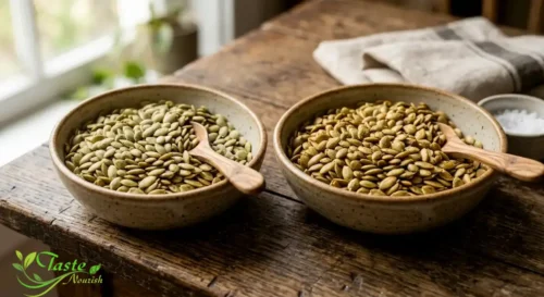 Pumpkin Seeds Nutrition Facts: Raw pumpkin seeds next to roasted pumpkin seeds for a side-by-side comparison