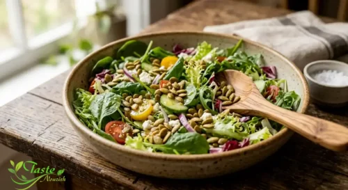 Pumpkin Seeds Nutrition Facts: Pumpkin seeds sprinkled over a green salad