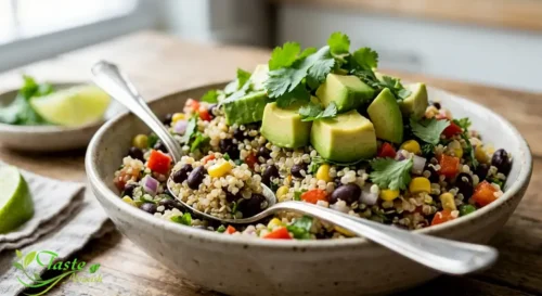 protein-packed quinoa black bean salad topped