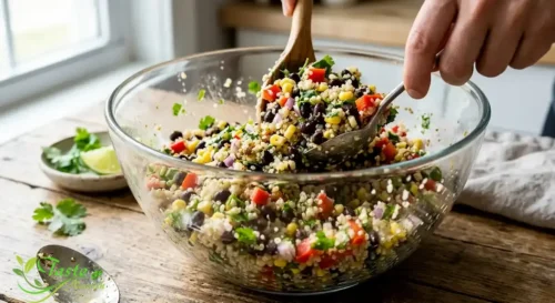 Tossing quinoa black bean salad