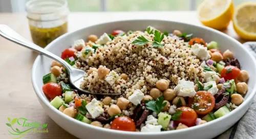 fluffy quinoa, chickpeas, and feta in a protein quinoa chickpea salad