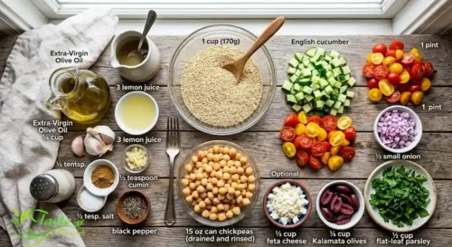quinoa, chickpeas, cucumber, tomatoes, and lemon-garlic dressing ingredients