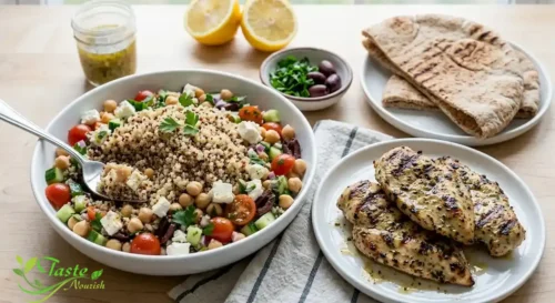 Quinoa chickpea salad served alongside grilled chicken and warm pita bread