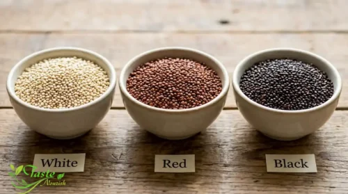 Health Benefits of Quinoa: Raw white, red, and black quinoa 