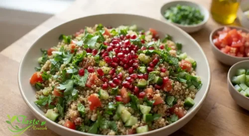 easy quinoa tabbouleh recipe garnished with pomegranate seeds
