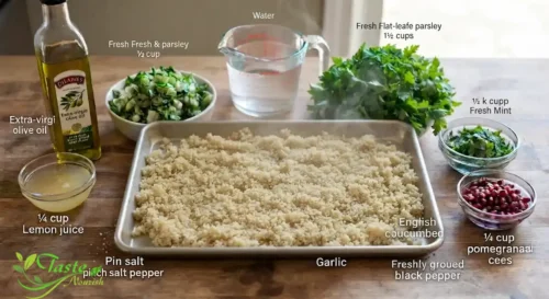 Fluffy cooked quinoa cooling on a baking sheet before being added to gluten-free tabbouleh