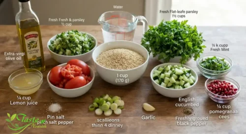 Ingredients for quinoa tabbouleh laid out quinoa, parsley, mint, tomato, cucumber, lemon, and olive oil