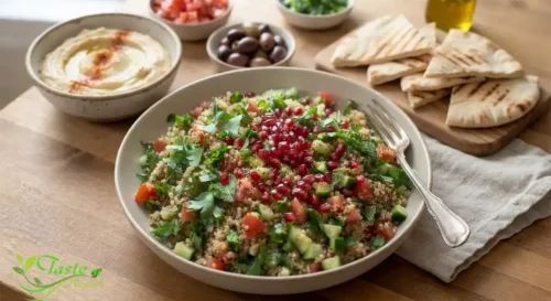 Quinoa tabbouleh served alongside pita and hummus