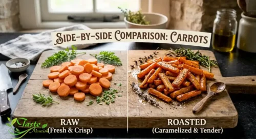 Health Benefits of Carrots: raw sliced carrots and roasted cooked carrots