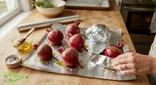 Beets rubbed with olive oil and wrapped in foil before roasting