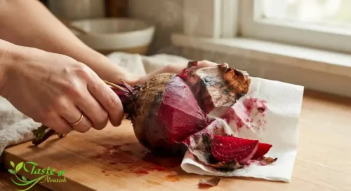 Peeling the skin off a warm roasted beet with a paper towel