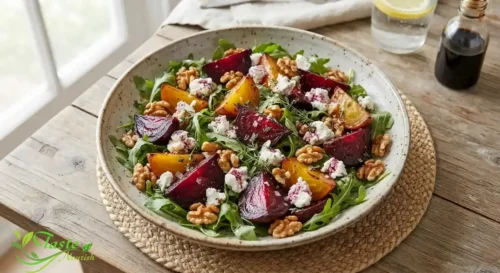 Roasted beet salad with goat cheese, walnuts, and arugula