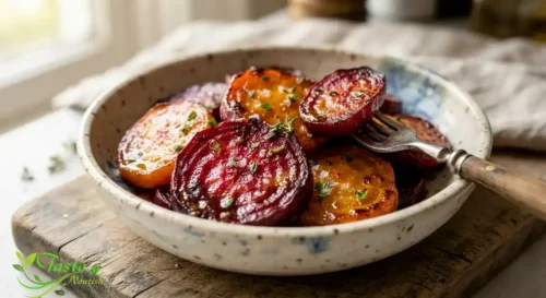 Close-up of sliced roasted beets showing tender, caramelized texture