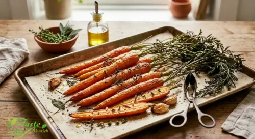 Roasted carrots on a sheet pan with herbs and olive oil