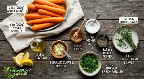 Ingredients for roasted carrots recipe laid out, including whole carrots, olive oil, garlic, honey, and fresh thyme