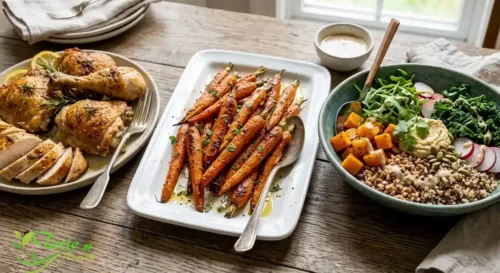 Roasted carrots side dish served alongside roasted chicken 