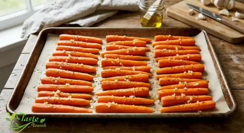 Raw carrots tossed in olive oil and garlic arranged in a single layer 