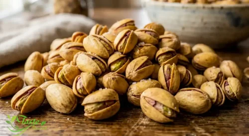 freshly roasted pistachios showing golden color and cracked shells