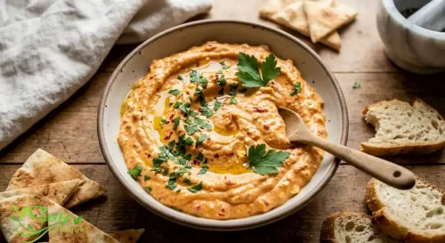 Creamy roasted red pepper and feta dip with parsley and olive oil