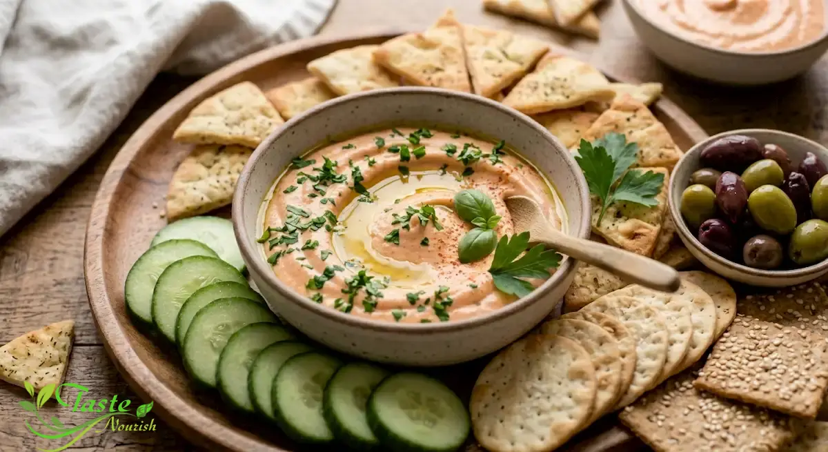 Roasted Red Pepper and Feta Dip Recipe (Easy 20-Minute Appetizer) Creamy roasted red pepper and feta dip in a bowl garnished with parsley and olive oil