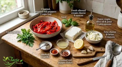 Ingredients for roasted red pepper and feta dip including feta, cream cheese, and roasted peppers