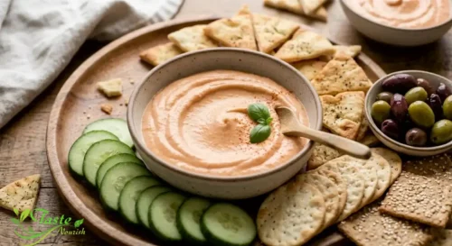 Appetizer platter with roasted red pepper and feta dip, olives, and crackers