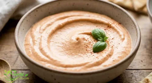 smooth roasted red pepper and feta dip showing creamy texture