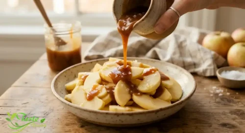 Homemade salted caramel sauce being poured over sliced apples---