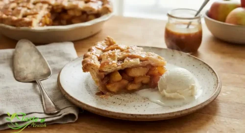 Slice of salted caramel apple pie served warm with vanilla ice cream