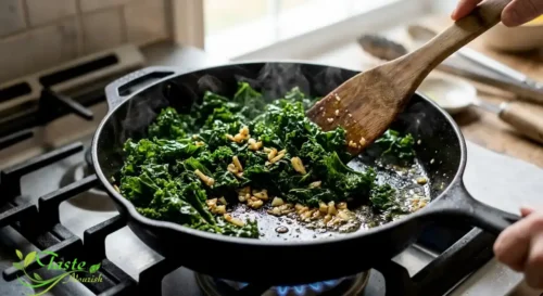 Health Benefits of Kale: Sautéed kale with garlic cooking in a skillet on the stove